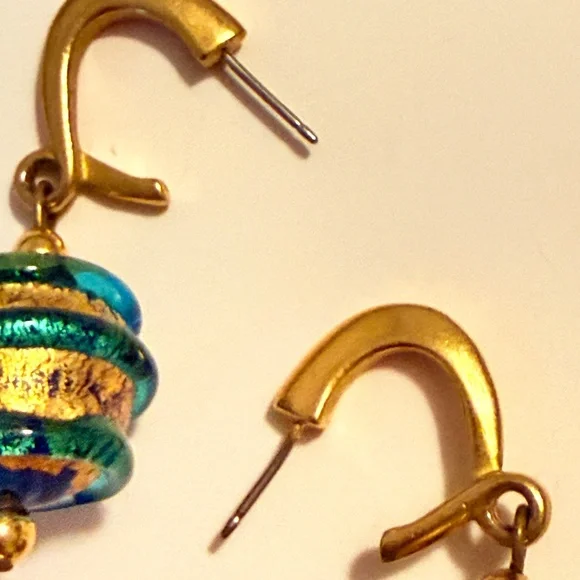 Vintage Blue and Gold Murano Ball Earrings - Picture 2 of 5